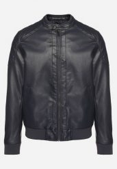 Granatowa Ramoneska Kurtka w Stylu Motocyklowym ze Stójką Tinina. Niebieskie kurtki męskie Born2be, l, bez wzorów, z bawełny, klasyczne, bez kaptura. Za 149.99 zł.