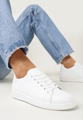 Białe Wiązane Sneakersy na Płaskiej Podeszwie z Okrągłym Noskiem Adephine. Białe obuwie sportowe damskie Born2be, bez wzorów, z jeansu. Za 49.99 zł.