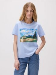 Bawełniany t-shirt z nadrukiem - jasnoniebieski. Niebieskie t-shirty damskie Reserved, l, bez wzorów, z bawełny, bez kołnierzyka. W wyprzedaży za 39.99 zł.