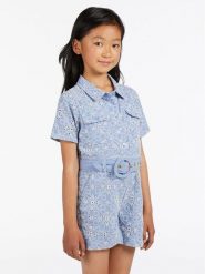 Guess Kombinezon J3RK22 WF6Q0 Niebieski Regular Fit. Niebieskie sukienki dla dziewczynek Guess, z aplikacjami, z bawełny, bez ramiączek. Za 439.99 zł.