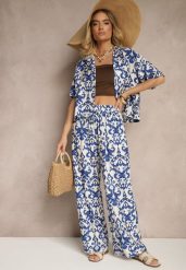 Niebieski Wiskozowy Komplet w Ornamentalny Print Koszula i Szerokie Spodnie Sarilsa. Niebieskie koszule damskie Renee, na wiosnę, xl, bez wzorów, z materiału, eleganckie, bez kołnierzyka, bez ramiączek. Za 74.99 zł.
