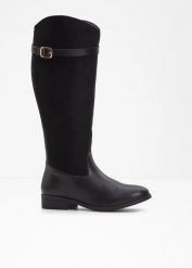 Kozaki z szeroką cholewką i ozdobną klamrą. Czarne kozaki damskie bonprix, bez obcasa. Za 209.99 zł.