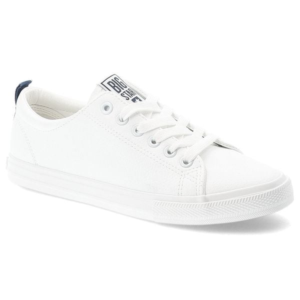 Trampki unisex Big Star, na płaskiej podeszwie niskie z okrągłym noskiem i sznurowane, biało-niebieskie, SS274604. Białe półbuty damskie Big Star, na lato, bez wzorów, z gumy, retro, z okrągłym noskiem, bez obcasa, na płaskiej podeszwie, bez zapięcia. Za 127.99 zł.