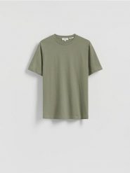 T-shirt regular fit z lnem - jasny zielony. Zielone t-shirty męskie Reserved, l, bez wzorów, z bawełny, bez kołnierzyka. Za 99.99 zł.