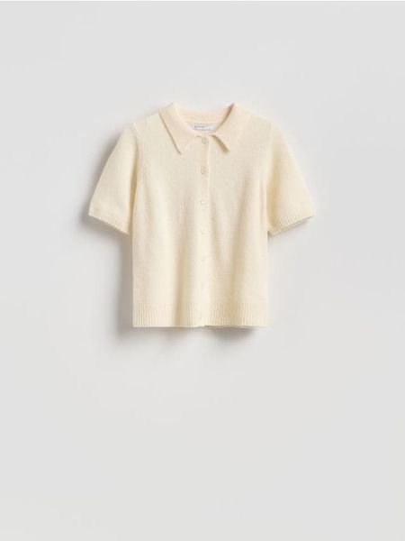 Wełniany sweter polo - kremowy. Białe swetry damskie Reserved, l, bez wzorów, z wełny, bez kołnierzyka, bez ramiączek, bez kaptura. W wyprzedaży za 65.99 zł.