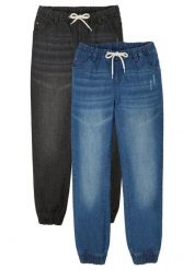Jeansy z gumką w talii z czystej bawełny, regular fit (2 pary). Niebieskie jeansy dla chłopców bonprix, z bawełny. Za 199.99 zł.