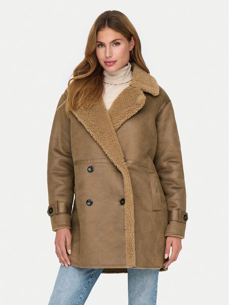 ONLY Kożuch Ylva 15322402 Brązowy Regular Fit. Brązowe płaszcze damskie Only, xl, bez wzorów, ze skóry, bez kaptura. Za 239.99 zł.