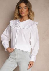 Biała Koszula z Bawełny w Stylu Retro z Wiązaniem i Kołnierzykiem z Falbankami Firsela. Białe bluzki damskie Renee, z aplikacjami, z bawełny, klasyczne, bez kołnierzyka, bez ramiączek. Za 89.99 zł.