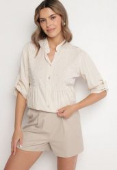 Beżowa Koszula z Wiskozą Ozdobiona Perełkami Tanavitia. Brązowe bluzki damskie Born2be, bez wzorów, z jeansu, eleganckie, bez kołnierzyka, bez ramiączek. Za 79.99 zł.