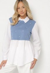Niebieska Rozkloszowana Bluzka Koszulowa z Wiskozą z Wszytą Kamizelką z Cyrkoniami Uliaviela. Niebieskie bluzki damskie Born2be, bez wzorów, z jeansu, eleganckie, bez kołnierzyka, bez ramiączek. Za 79.99 zł.