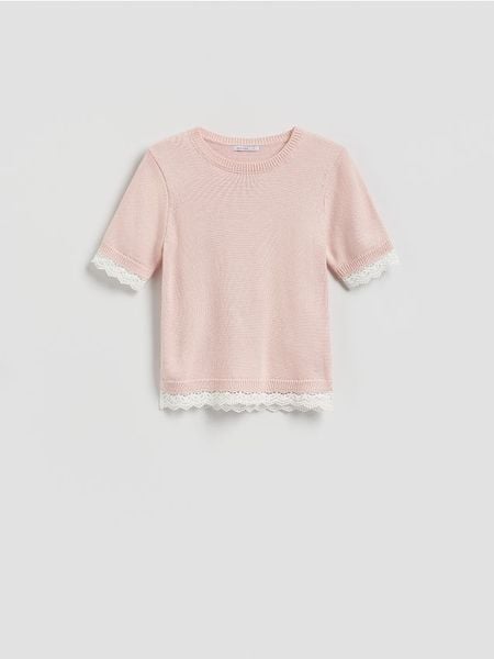 Sweter z dodatkiem wełny - pastelowy róż. Czerwone swetry damskie Reserved, l, bez wzorów, z dzianiny, bez kołnierzyka, bez ramiączek, bez kaptura. W wyprzedaży za 65.99 zł.
