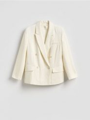 Dwurzędowa marynarka z wiskozą - biały. Białe żakiety damskie Reserved, l, bez wzorów, z tkaniny. Za 299.99 zł.