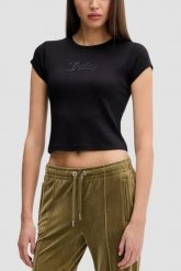 JUICY COUTURE Czarny damski t-shirt Capped Baby Sleeve, Rozmiar S. Czarne t-shirty damskie Juicy Couture, s, bez wzorów, z materiału, klasyczne, bez kołnierzyka. W wyprzedaży za 151.99 zł.