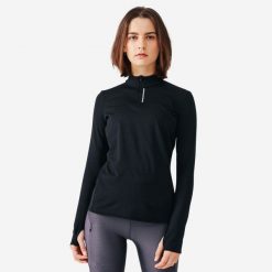 Koszulka do biegania, z długim rękawem damska Kalenji Warm ocieplana. Czarne bluzy sportowe damskie KALENJI, l, bez wzorów, z dzianiny, sportowe, bez kołnierzyka. Za 59.99 zł.