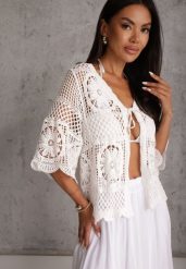 Biały Ażurowy Kardigan-Narzutka z Bawełny w Stylu Boho z Wiązaniem Panestra. Białe kardigany damskie Renee, m, w ażurowe wzory, z bawełny, boho. Za 79.99 zł.