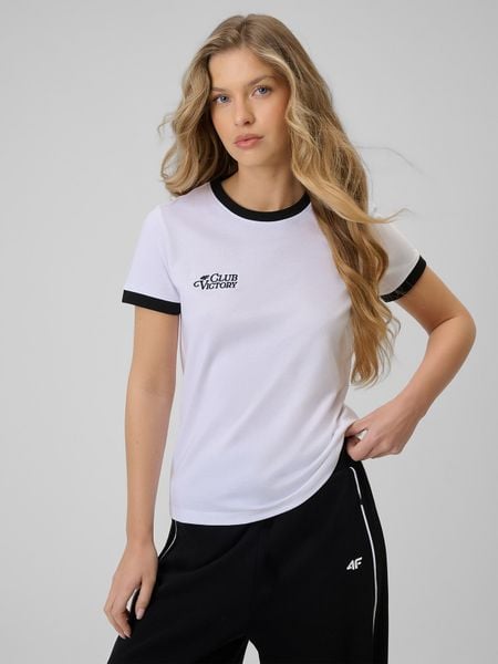 4F T-shirt regular z nadrukiem damski - biały M. Białe t-shirty damskie 4f, m, bez wzorów, z dzianiny, klasyczne, bez kołnierzyka. W wyprzedaży za 49.99 zł.