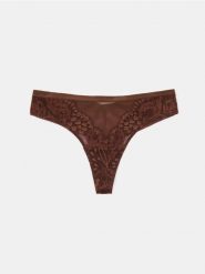 Koronkowe stringi z siateczką - brązowy. Brązowe stringi damskie Sinsay, l, bez wzorów, z koronki. Za 12.99 zł.