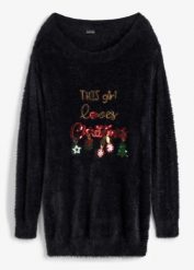 Sweter off-shoulder z bożonarodzeniowym motywem. Czarne swetry damskie bonprix, bez wzorów, bez kołnierzyka, bez ramiączek, bez kaptura. Za 149.99 zł.