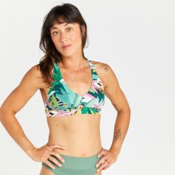 Góra kostiumu kąpielowego surfingowego damska Olaian Agatha Tropical. Zielone bikini damskie OLAIAN, bez wzorów. W wyprzedaży za 39.99 zł.