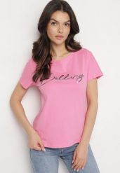 Różowy Bawełniany T-shirt z Ozdobnym Napisem Virretis. Czerwone bluzki damskie Born2be, m, bez wzorów, z bawełny, klasyczne, bez kołnierzyka. Za 34.99 zł.