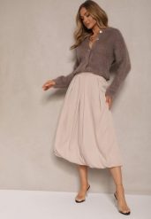 Beżowa Rozkloszowana Spódnica z Wiskozą Zdobiona Zakładkami Volnira. Brązowe spódnice damskie Renee, l, z aplikacjami, z wiskozy, eleganckie, midi, oversize. Za 109.99 zł.
