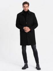 Męski długi jednorzędowy płaszcz z kołnierzykiem i podpinką – czarny V1 OM-COWC-0106 - XXL. Czarne płaszcze męskie Ombre Clothing, l, bez wzorów, z materiału, eleganckie, długie, bez kaptura. Za 365.99 zł.