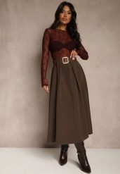 Brązowa Spódnica z Wiskozą o Rozkloszowanym Kroju z Paskiem z Klamrą Tiavela. Brązowe spódnice damskie Renee, bez wzorów, z koronki, eleganckie, maxi, dopasowane. Za 109.99 zł.