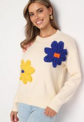 Beżowy Sweter z Wiskozą Wykończony Aplikacjami Kwiatów 3D Morivia. Brązowe swetry damskie Born2be, z aplikacjami, z jeansu, bez kołnierzyka, bez ramiączek, długie, bez kaptura. Za 74.99 zł.