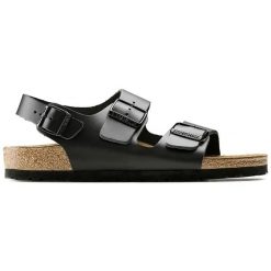 Birkenstock Milano Natural Leather Sandały damskie. Czarne sandały damskie Birkenstock, bez wzorów, ze skóry, bez obcasa, bez zapięcia. Za 369.99 zł.