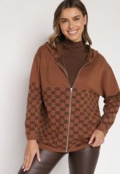 Brązowy Kardigan na Suwak z Kapturem i Geometrycznym Motywem Lunetusa. Brązowe kardigany damskie Born2be, l, bez wzorów, z jeansu, eleganckie, bez kołnierzyka, bez ramiączek, z kapturem. Za 89.99 zł.