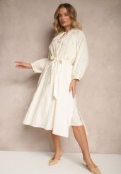 Beżowa Sukienka z Paskiem Boho z Bawełny Zdobiona Haftem Gonalin. Brązowe sukienki damskie Renee, na co dzień, l, z aplikacjami, z bawełny, boho, bez kołnierzyka, bez ramiączek, midi, kopertowe. Za 159.99 zł.