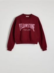 Bluza oversize z nadrukiem - bordowy. Czerwone bluzy damskie Reserved, l, bez wzorów, z bawełny, bez kaptura. W wyprzedaży za 49.99 zł.
