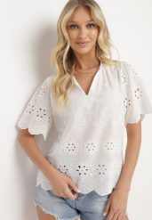 Biała Ażurowa Bluzka z Bawełny z Krótkim Rękawem Tinalese. Białe bluzki damskie Born2be, na lato, s, w ażurowe wzory, z bawełny, eleganckie, bez kołnierzyka, bez ramiączek. Za 84.99 zł.