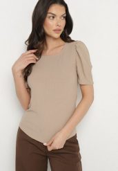Ciemnobeżowy Prążkowany T-shirt z Zakładkami przy Rękawach Kolanovia. Brązowe bluzki damskie Born2be, l, bez wzorów, z jeansu, bez kołnierzyka. Za 34.99 zł.