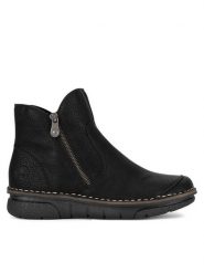 Rieker Botki 73357-00 Czarny. Czarne botki damskie Rieker, z materiału, bez obcasa, na płaskiej podeszwie, bez zapięcia. Za 244.99 zł.