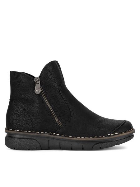 Rieker Botki 73357-00 Czarny. Czarne botki damskie Rieker, z materiału, bez obcasa, na płaskiej podeszwie, bez zapięcia. Za 244.99 zł.
