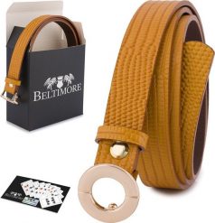 Beltimore Skórzany pasek damski do spodni sukienki musztardowa skóra nat 1,8 cm Beltimore O16 : Kolory - żółty, złoty, Rozmiar pasków - r.80-95 cm NoS. Żółte sukienki damskie Beltimore, bez wzorów, ze skóry, bez kołnierzyka, bez ramiączek. Za 49.99 zł.