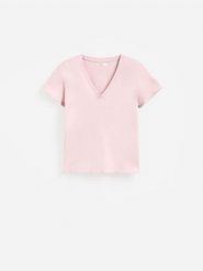 Bawełniany t-shirt - pastelowy róż. Czerwone t-shirty damskie Reserved, l, bez wzorów, z bawełny, bez kołnierzyka. Za 35.99 zł.
