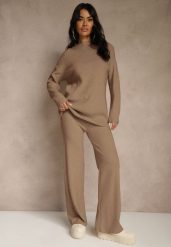 Ciemnobeżowy Komplet z Wełną i Bawełną Szerokie Spodnie i Sweter o Długim Kroju Reilissa. Brązowe spodnie materiałowe damskie Renee, l, bez wzorów, z bawełny. Za 139.99 zł.