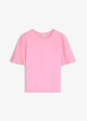 T-shirt z miękkiej mieszanki wiskozy z ażurowym haftem. Czerwone bluzki damskie bonprix, w ażurowe wzory, z wiskozy, bez kołnierzyka, bez ramiączek. Za 34.99 zł.