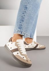 Beżowe Sneakersy Tenisówki Ozdobione Kwiatkami Zummine. Brązowe trampki i tenisówki dziewczęce Renee, z aplikacjami, bez zapięcia. Za 89.99 zł.