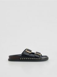 Skórzane klapki - czarny. Czarne klapki damskie Reserved, bez wzorów, ze skóry, bez obcasa. Za 199.99 zł.