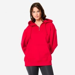 Bluza z kapturem damska Domyos Gym & Pilates Oversize. Czerwone bluzy sportowe damskie DOMYOS, xs, bez wzorów, z bawełny, z kapturem, na fitness i siłownię. Za 99.99 zł.