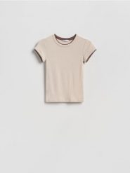 T-shirt z kontrastową wstawką - beżowy. Brązowe t-shirty damskie Reserved, l, bez wzorów, z dzianiny, bez kołnierzyka. Za 49.99 zł.