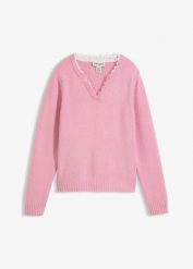 Sweter z koronkową wstawką. Czerwone swetry damskie bonprix, bez wzorów, z koronki, bez kołnierzyka, bez ramiączek, bez kaptura. Za 107.99 zł.