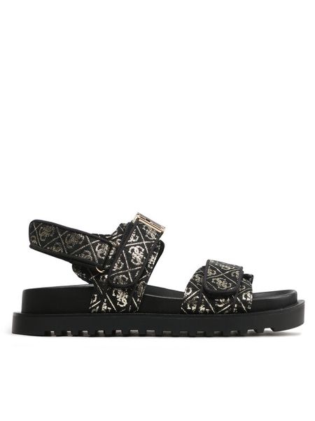 Guess Sandały Fabelis FL6FBS FAL03 Czarny. Czarne sandały damskie Guess, z aplikacjami, z materiału, bez obcasa, na płaskiej podeszwie, bez zapięcia. Za 369.99 zł.