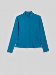 4F Bluza treningowa slim bez kaptura damska - turkusowa XS. Niebieskie bluzy damskie 4f, l, bez wzorów, z materiału, bez kaptura. Za 179.99 zł.