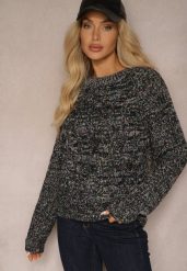 Czarny Sweter z Dodatkiem Wełny z Tłoczonym Zdobieniem i Kolorową Nitką Terivana. Czarne swetry damskie Renee, z aplikacjami, z jeansu, biznesowe, bez kołnierzyka, bez ramiączek, bez kaptura. Za 59.99 zł.