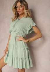 Miętowa Sukienka Wiązana Materiałowym Paskiem z Gumką w Talii i Falbanką Tiamari. Zielone sukienki dla dziewczynek Renee, bez wzorów, z materiału, eleganckie, bez ramiączek, krótkie. Za 39.99 zł.