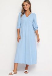 Jasnoniebieska Rozkloszowana Bawełniana Sukienka Boho z Wiązaniem i Gumką w Talii Lawla. Niebieskie sukienki dla dziewczynek Born2be, bez wzorów, z bawełny, boho, bez ramiączek. Za 129.99 zł.